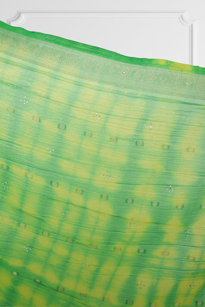 Two Blouse Vibrant Green and Yellow Tie-Dye Silk Saree