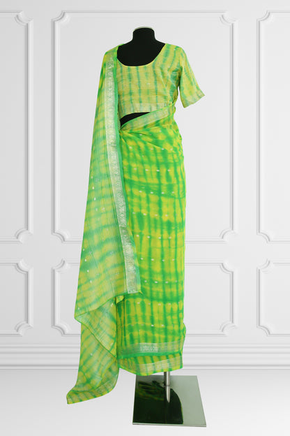 Two Blouse Vibrant Green and Yellow Tie-Dye Silk Saree