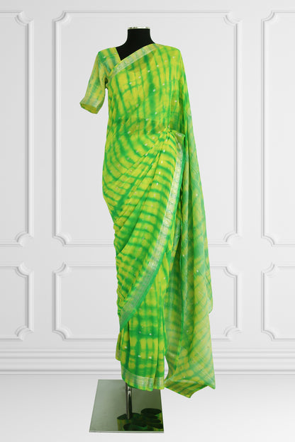 Two Blouse Vibrant Green and Yellow Tie-Dye Silk Saree