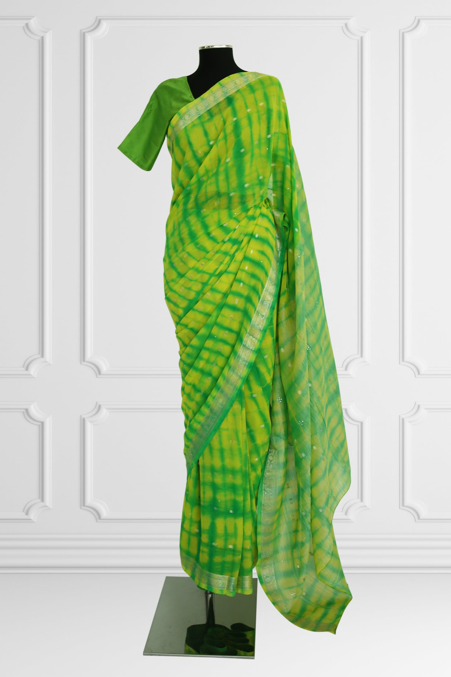 Two Blouse Vibrant Green and Yellow Tie-Dye Silk Saree