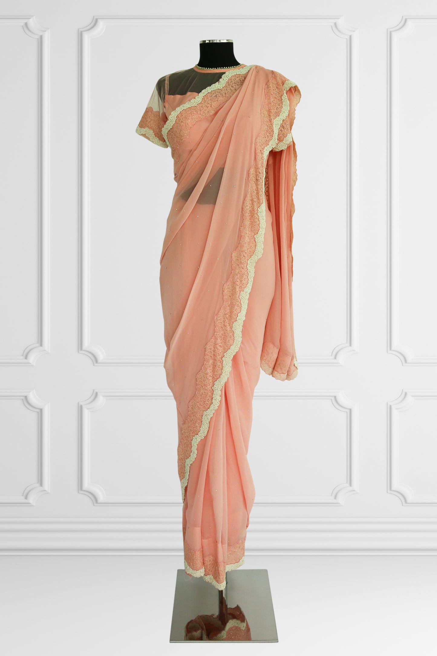 Peach Elegance Saree with Pearl and Lace Detailing