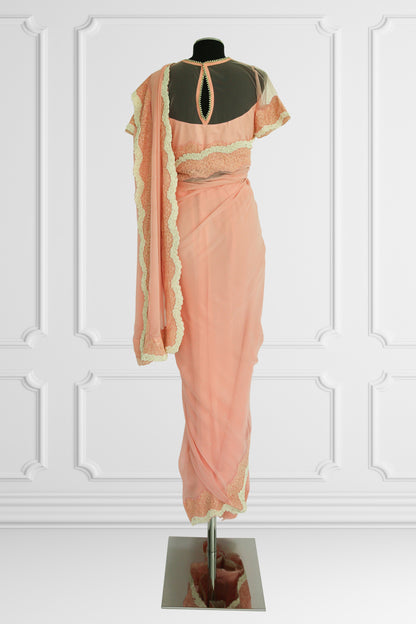 Peach Elegance Saree with Pearl and Lace Detailing