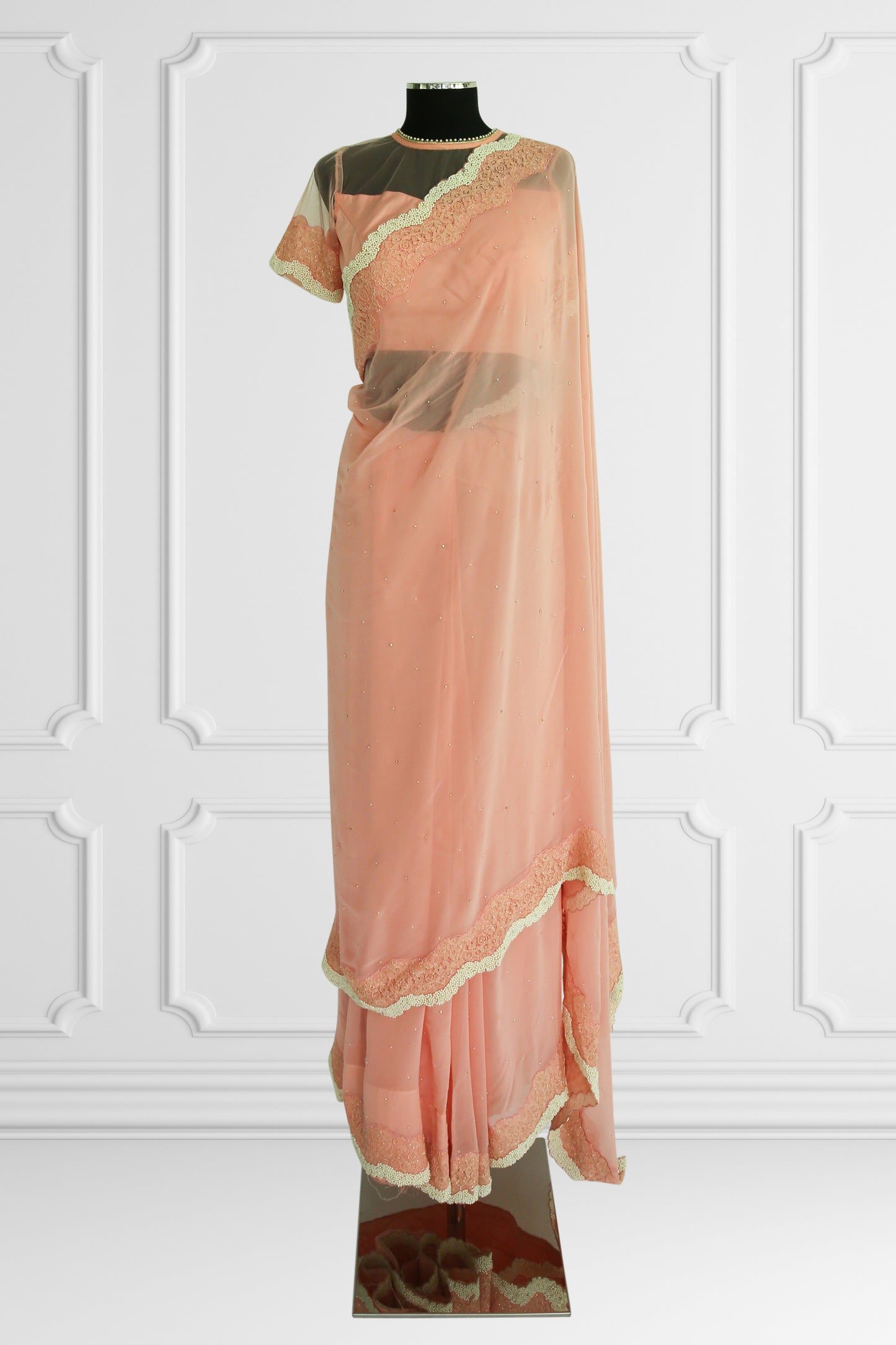 Peach Elegance Saree with Pearl and Lace Detailing