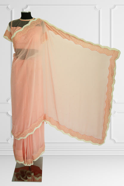 Peach Elegance Saree with Pearl and Lace Detailing