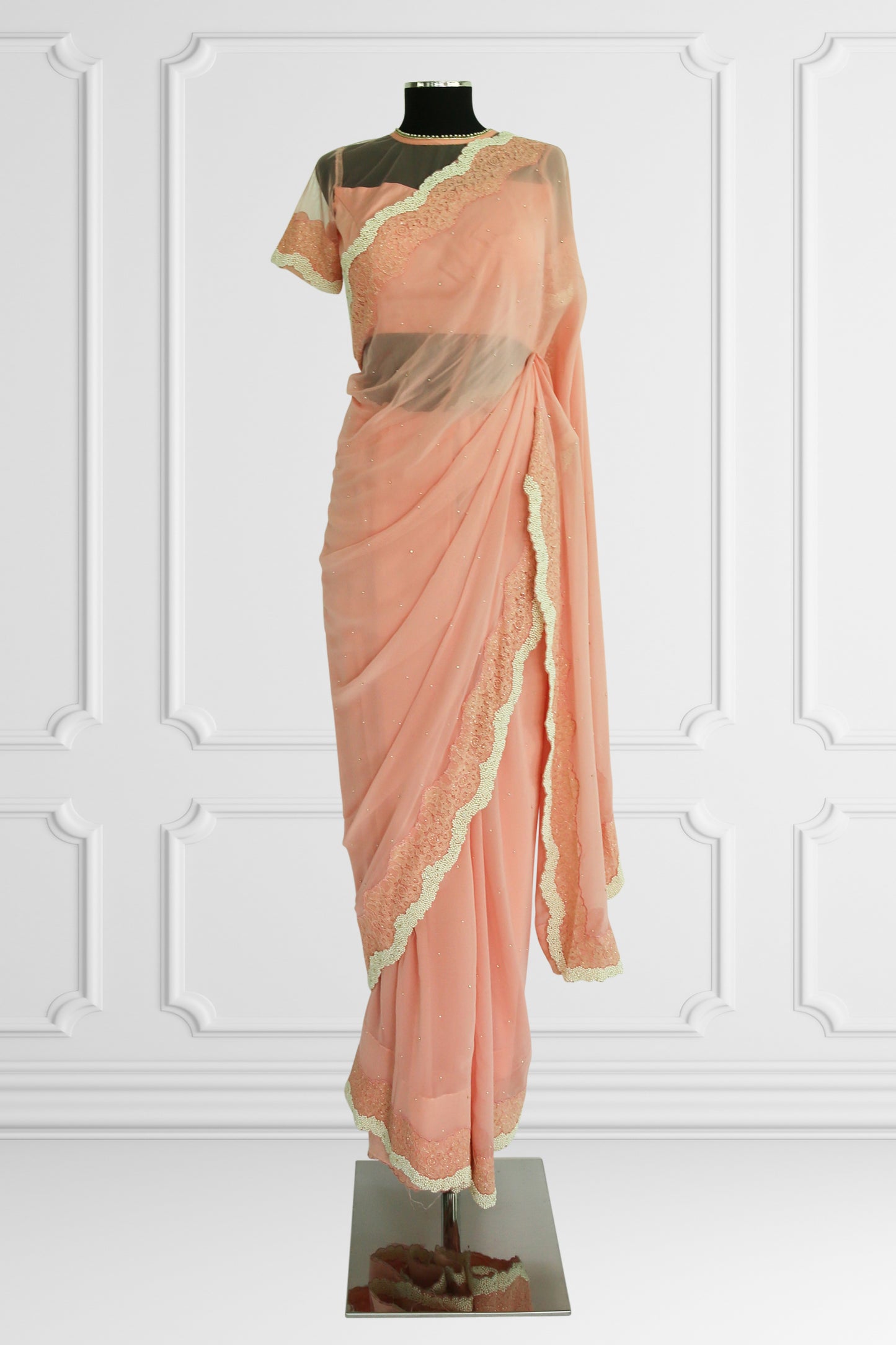 Peach Elegance Saree with Pearl and Lace Detailing