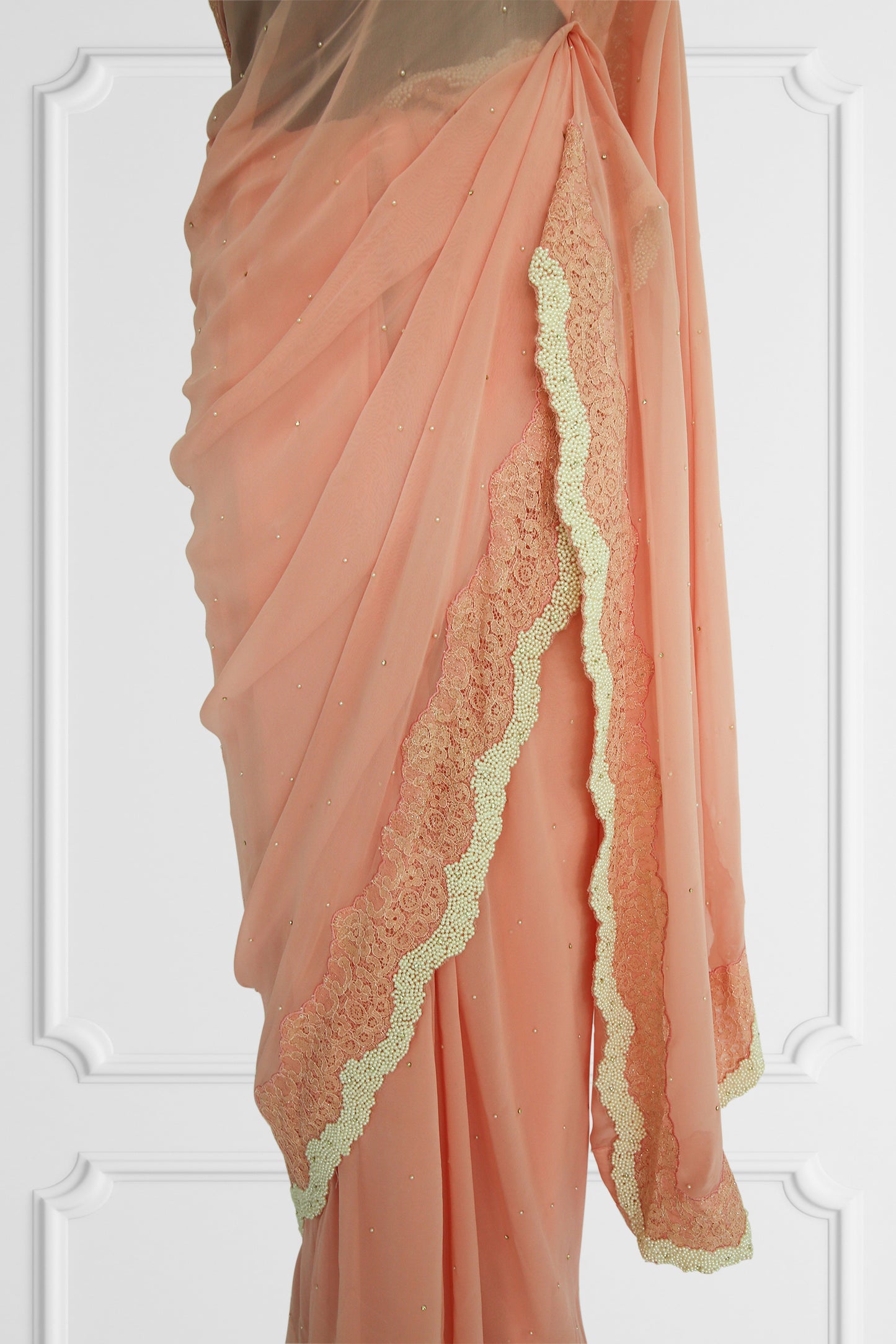 Peach Elegance Saree with Pearl and Lace Detailing