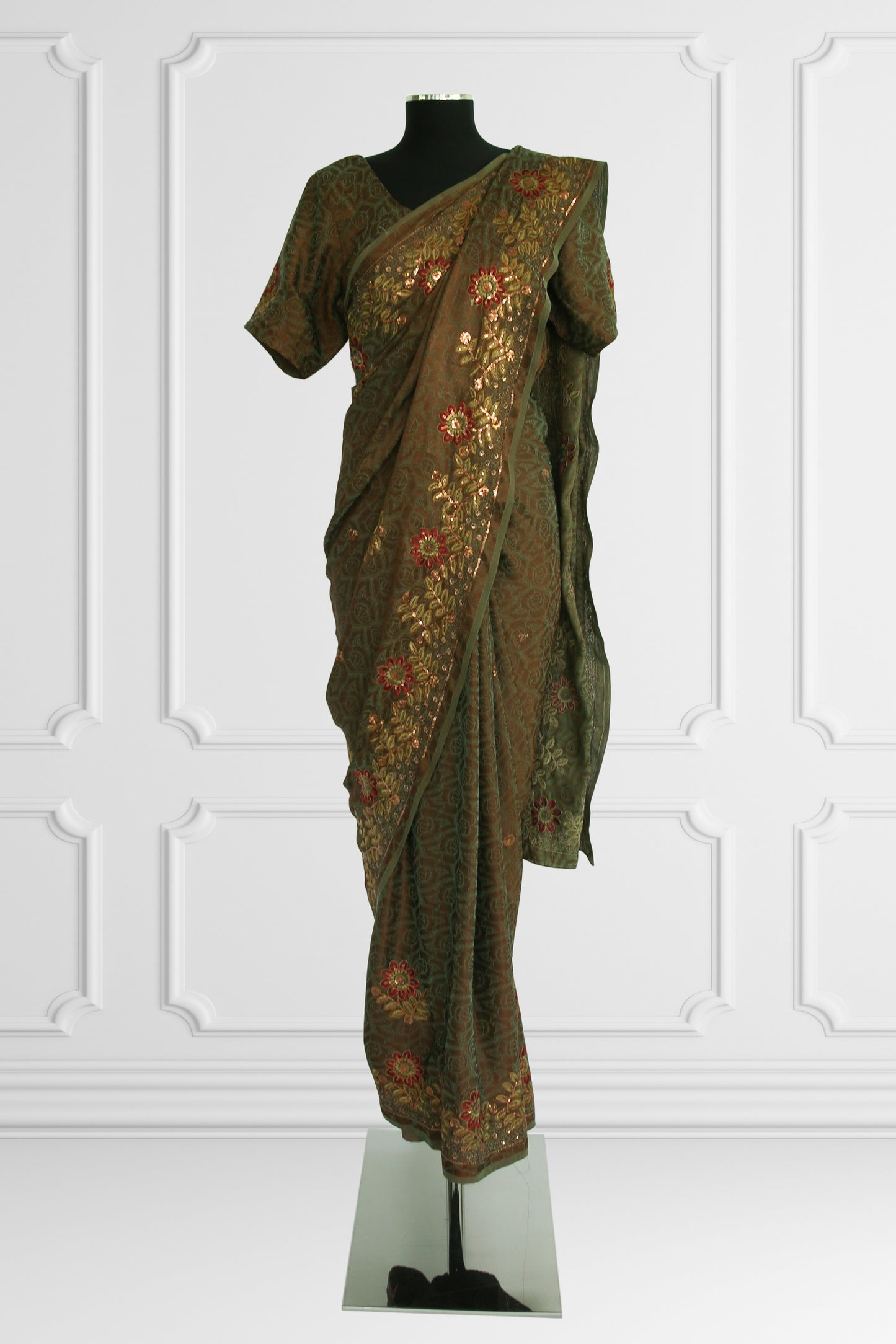 Olive Green Floral Embroidered Saree