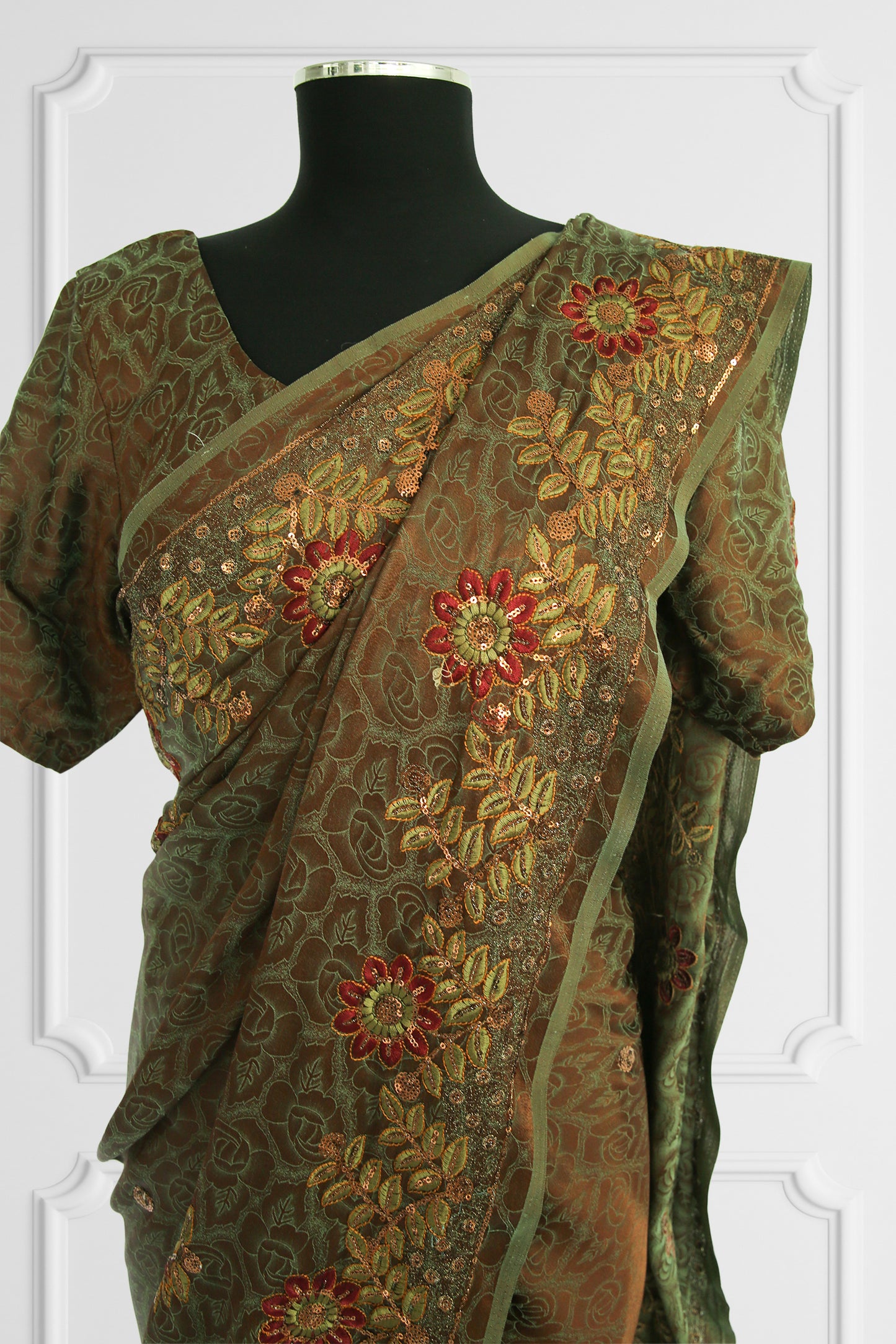 Olive Green Floral Embroidered Saree