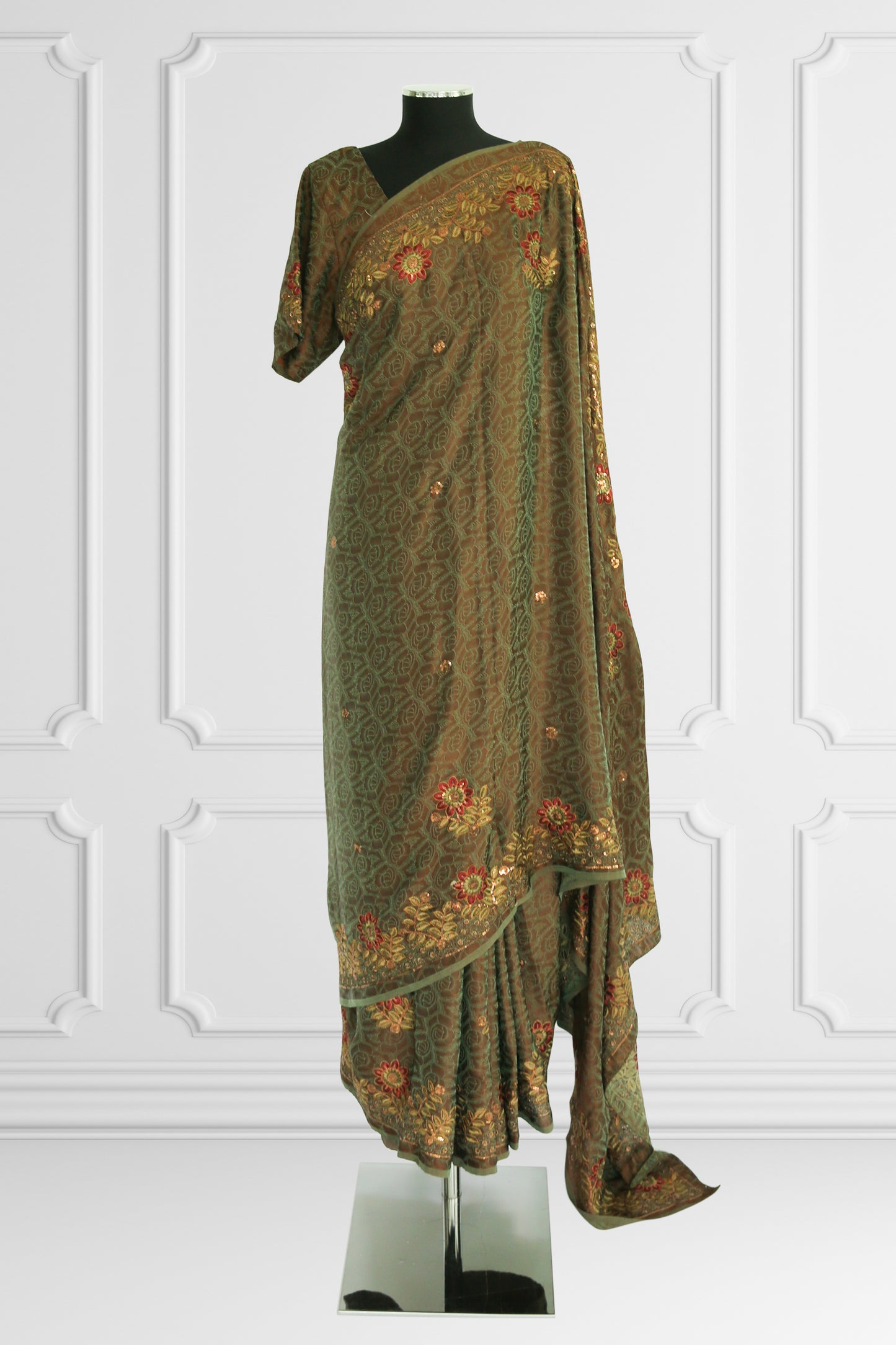 Olive Green Floral Embroidered Saree