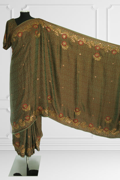 Olive Green Floral Embroidered Saree