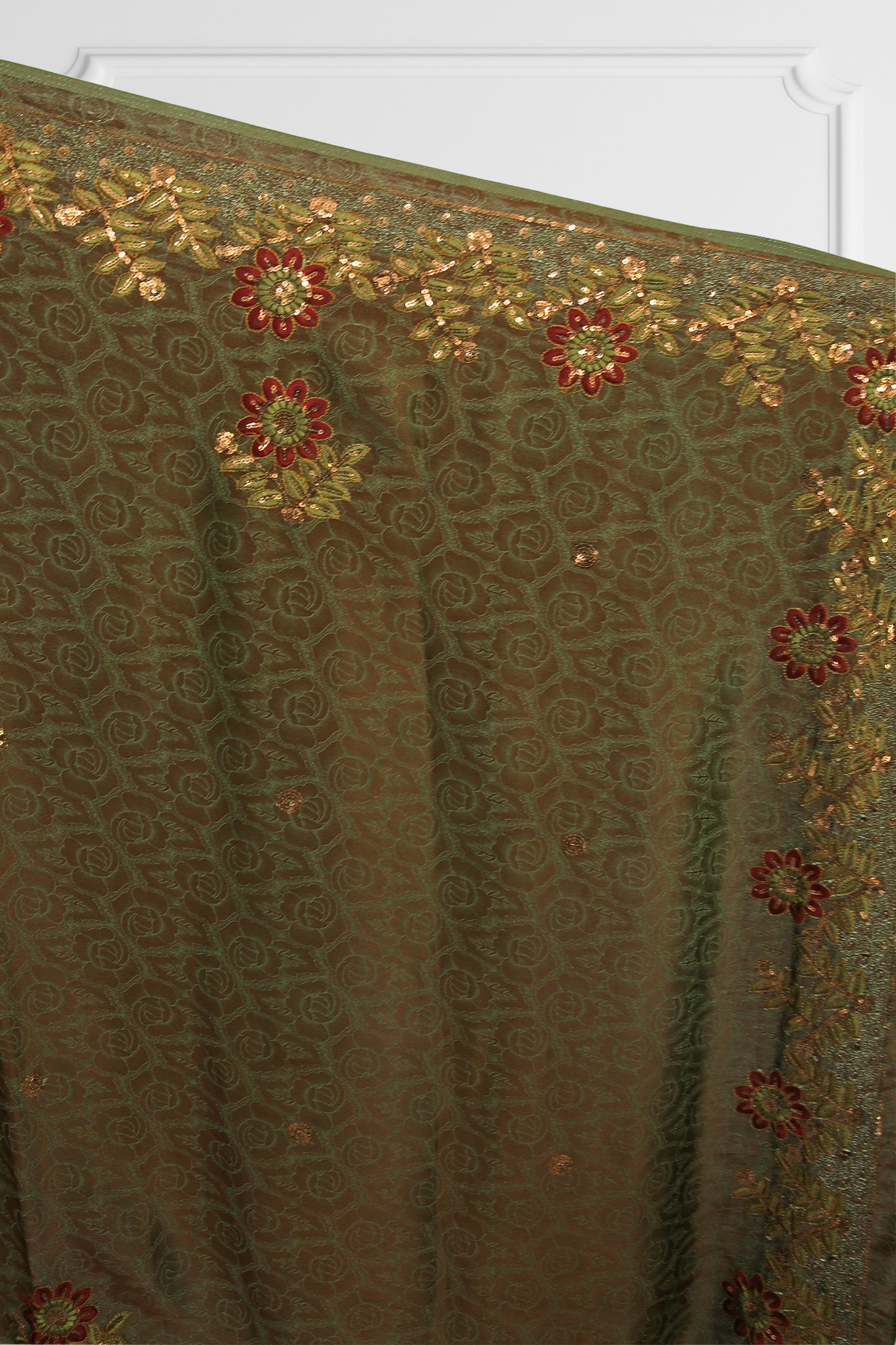 Olive Green Floral Embroidered Saree