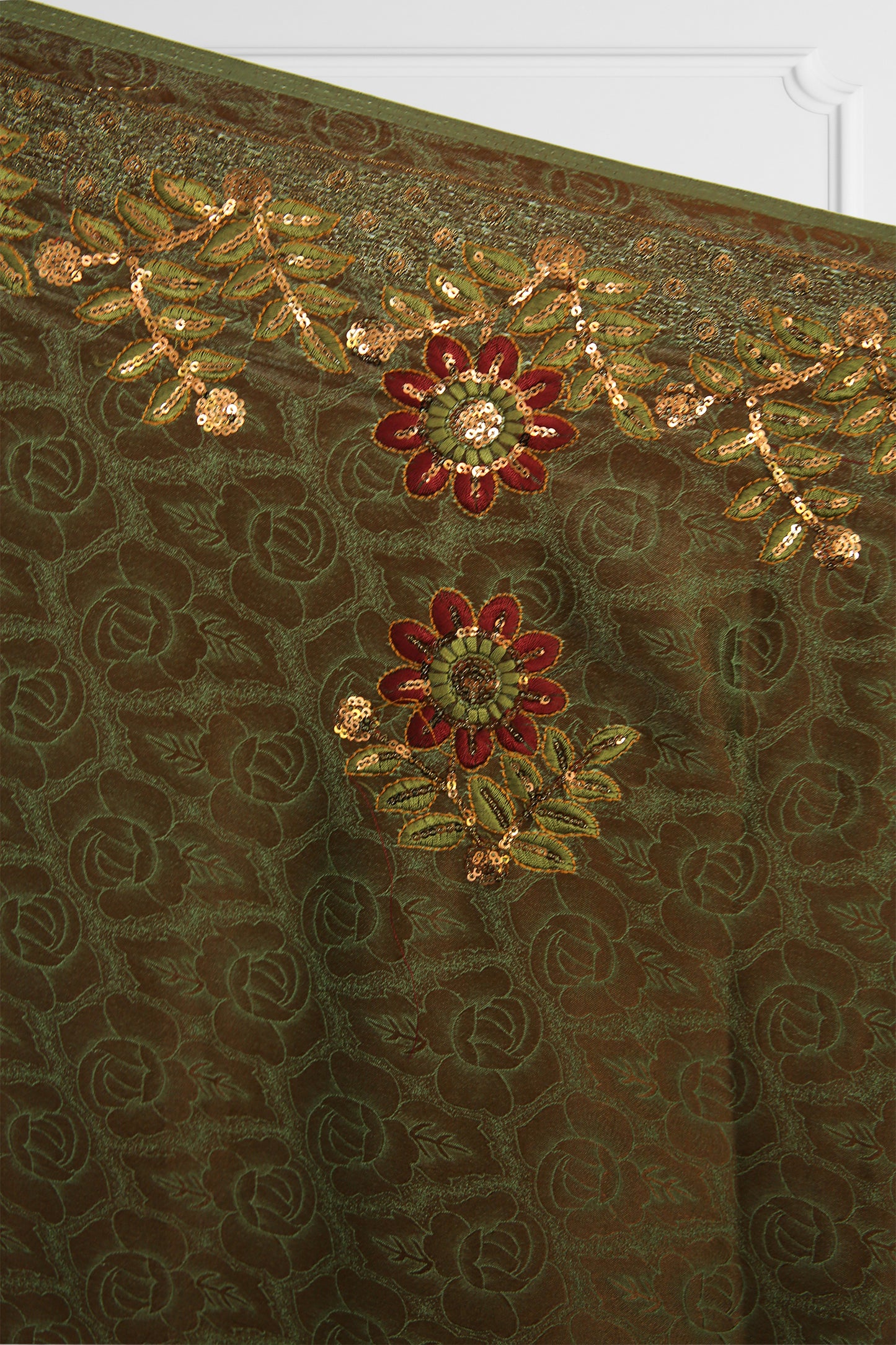 Olive Green Floral Embroidered Saree