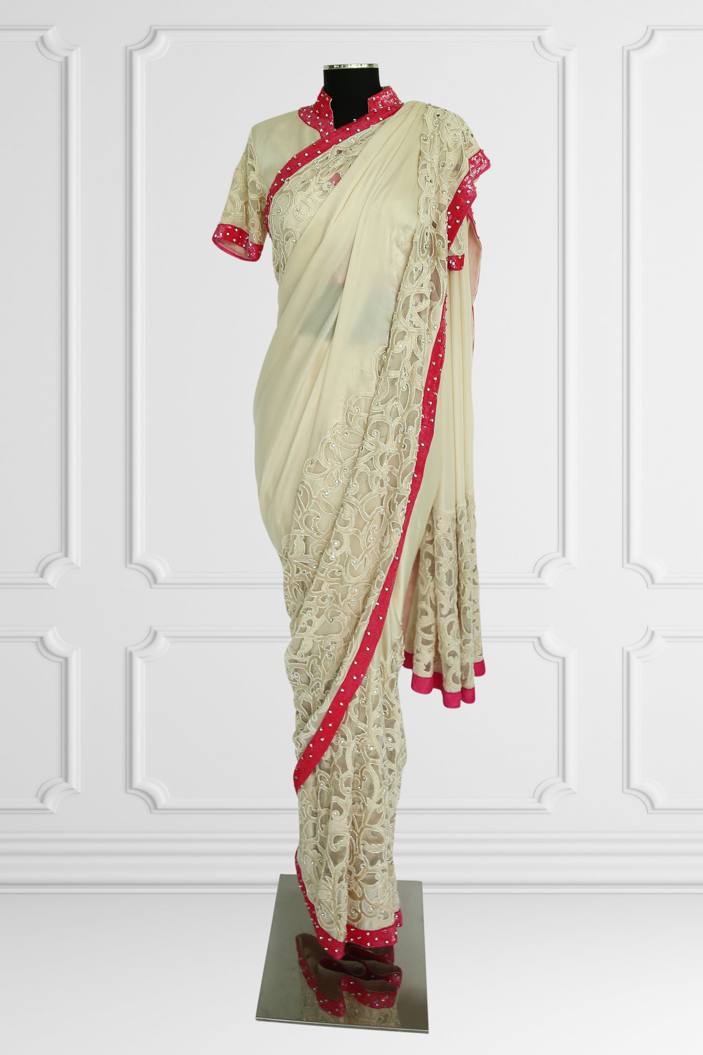 Ethereal Cream & Pink Embroidered Saree