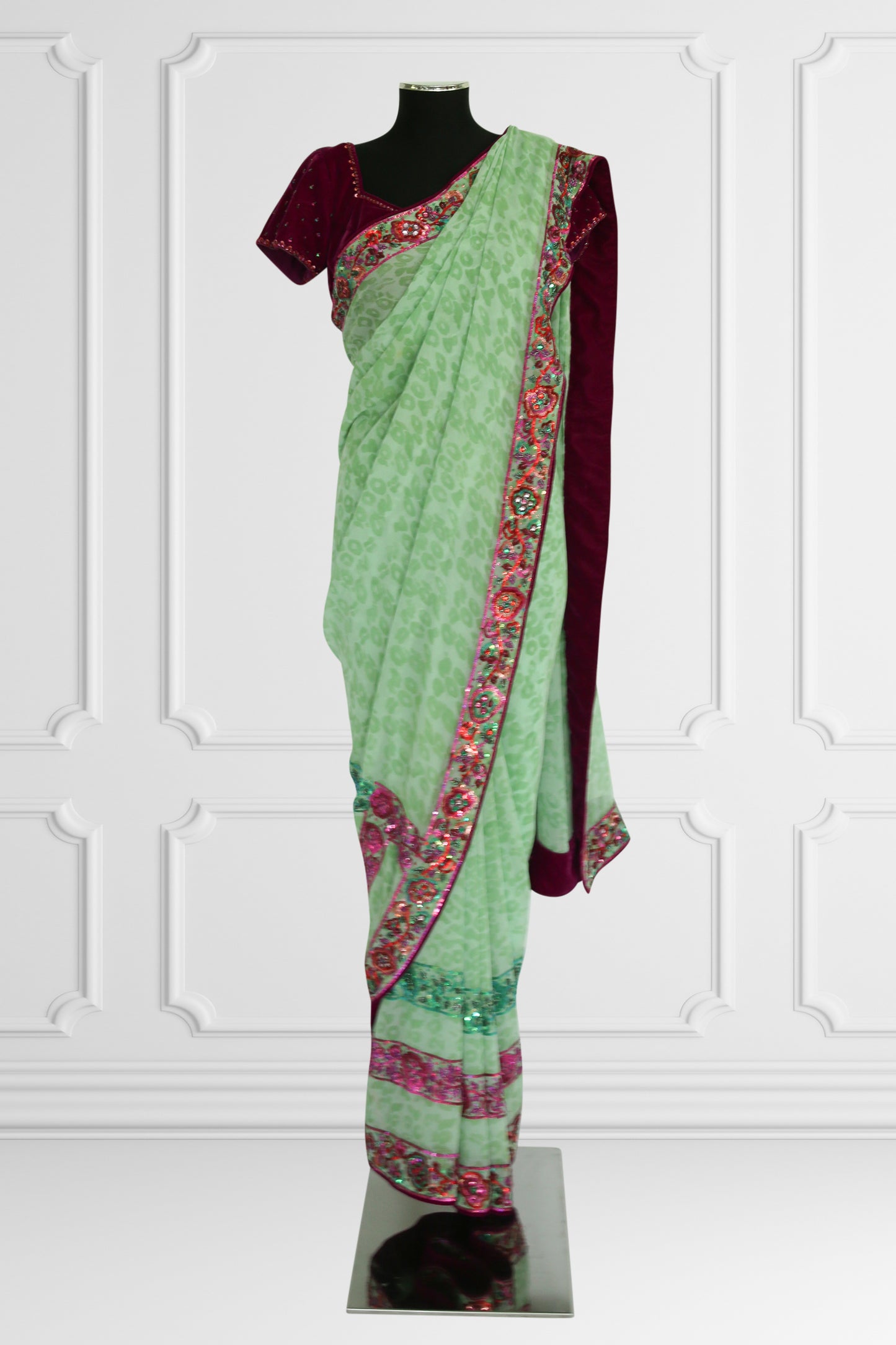 Mint & Maroon Embroidered Saree