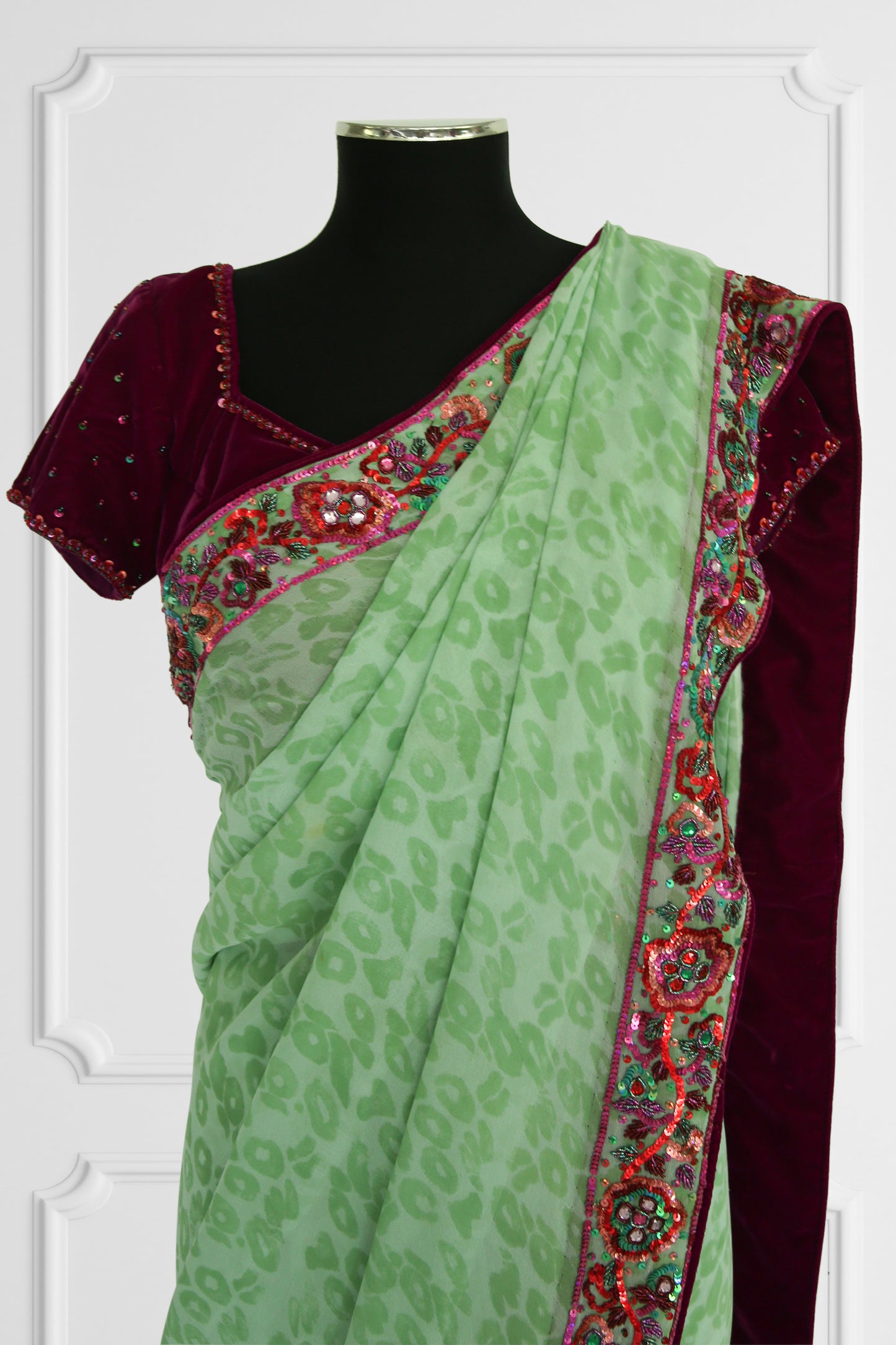 Mint & Maroon Embroidered Saree