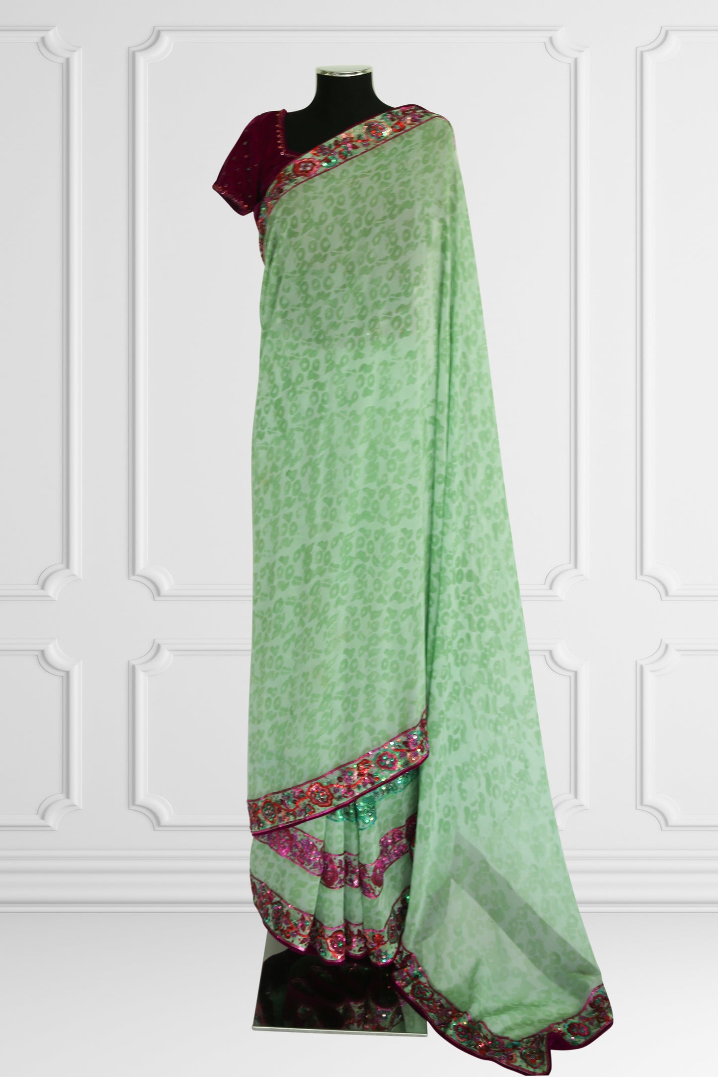 Mint & Maroon Embroidered Saree