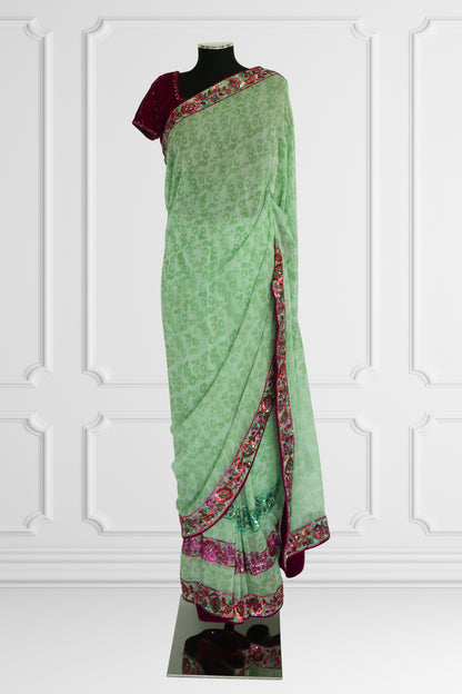 Mint & Maroon Embroidered Saree