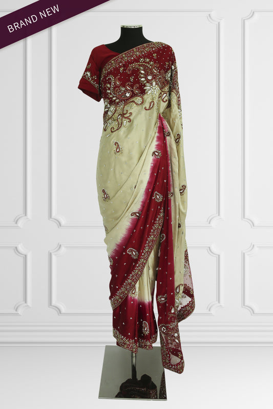 Elegant Red and Beige Embroidered Saree