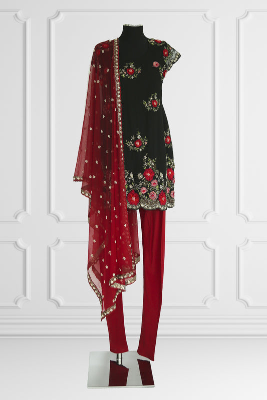 Floral Black & Red Kurta Set