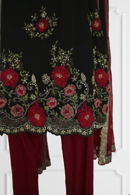 Floral Black & Red Kurta Set