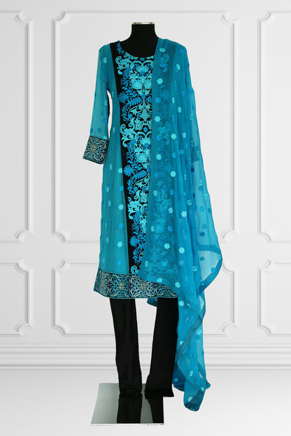 Floral Blue & Black Kurta Set