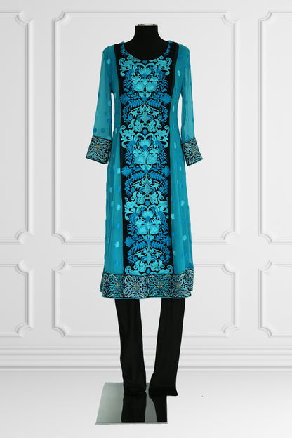 Floral Blue & Black Kurta Set