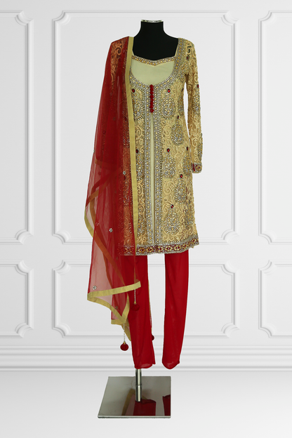 Gold and Red Embroidered Kurta