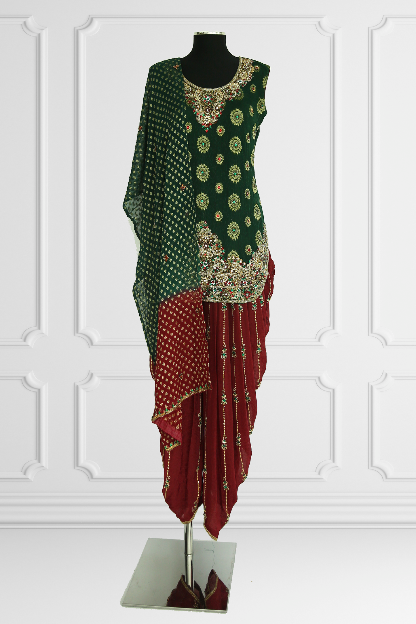 Green and Red Dothi Kurta Set