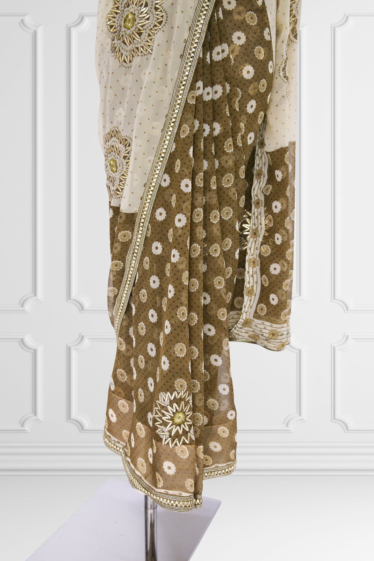 Olive Green and White Floral Saree Set