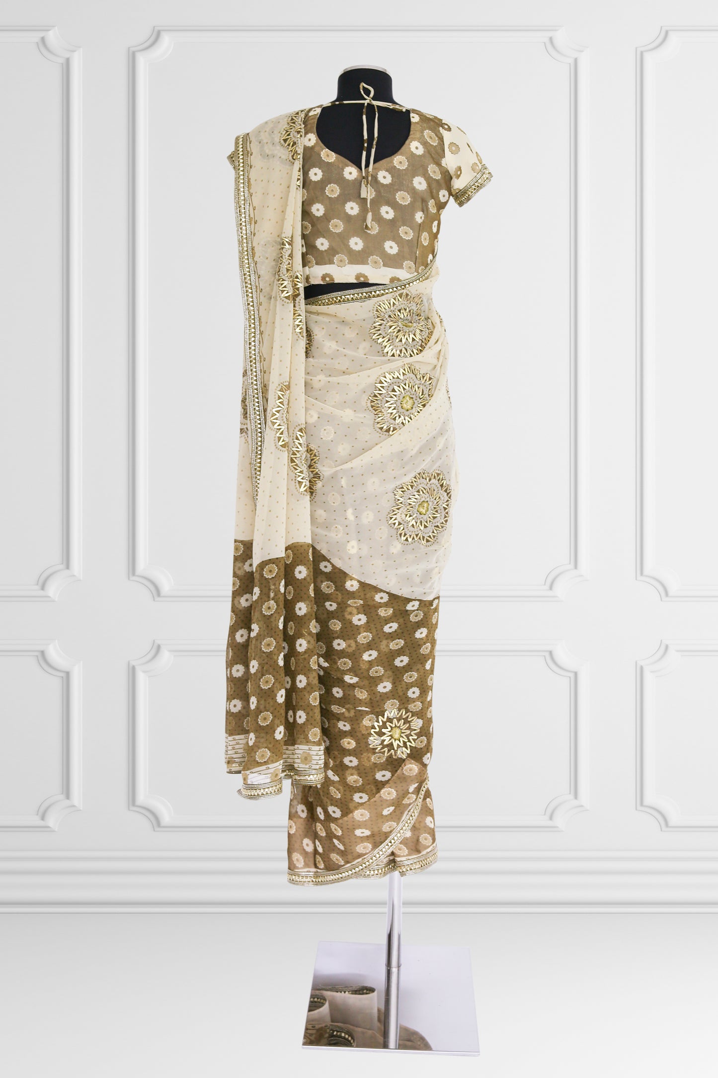 Olive Green and White Floral Saree Set