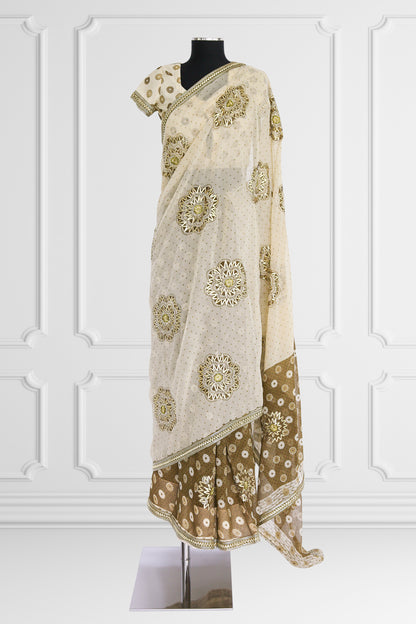 Olive Green and White Floral Saree Set