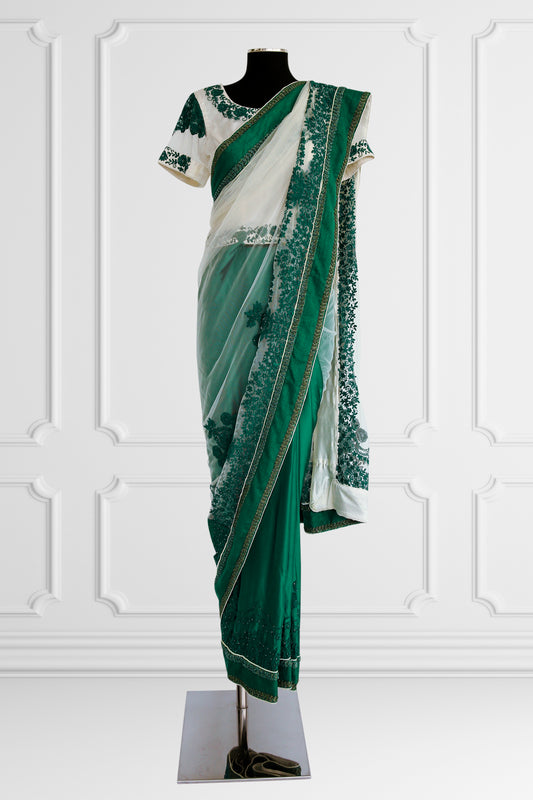 Green and White Saree Set