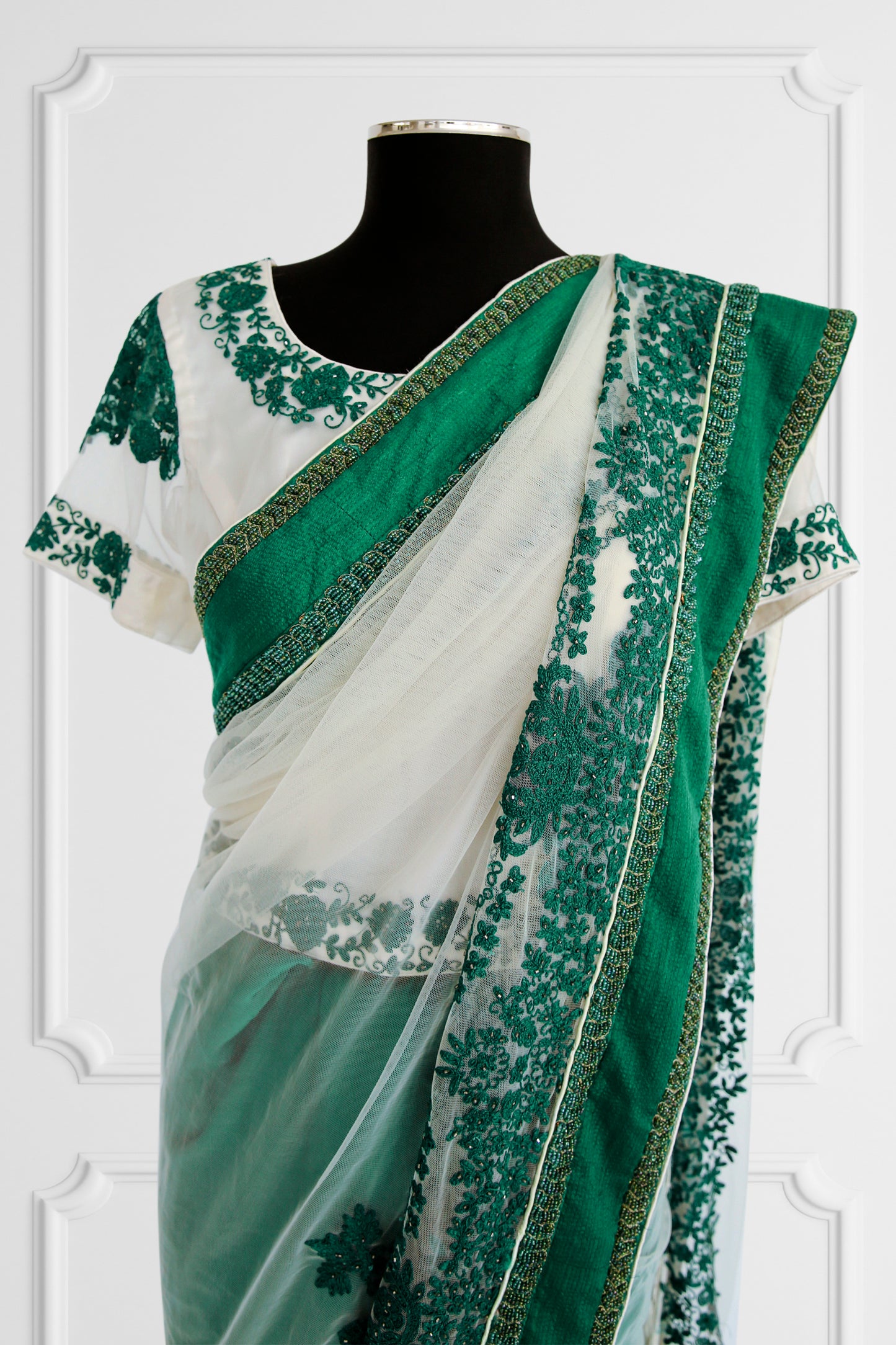 Green and White Saree Set