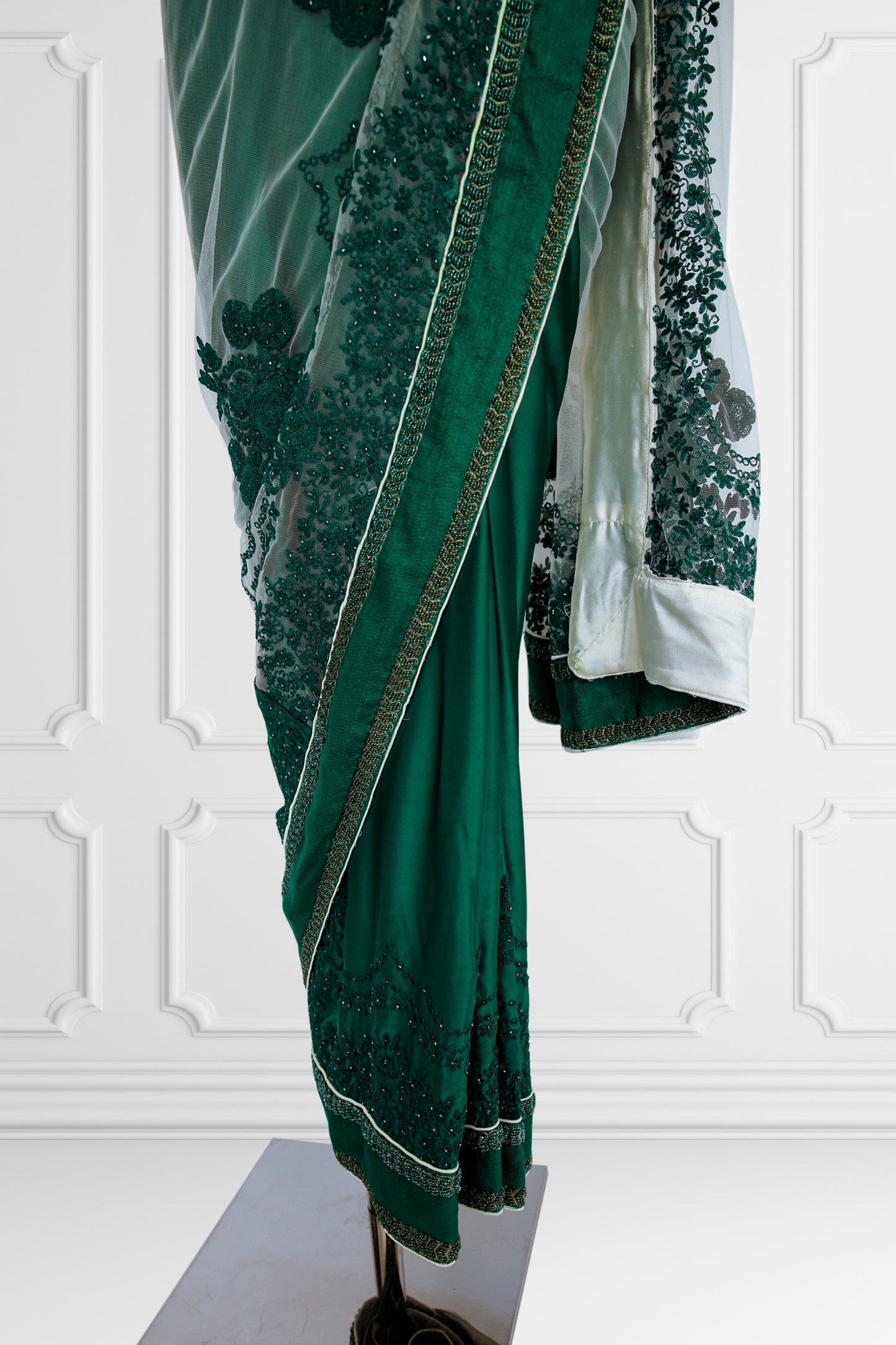 Green and White Saree Set