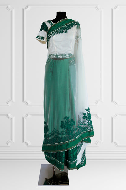 Green and White Saree Set