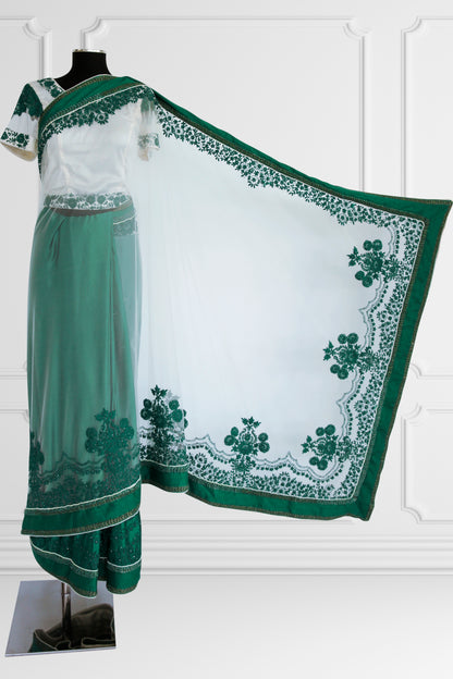 Green and White Saree Set