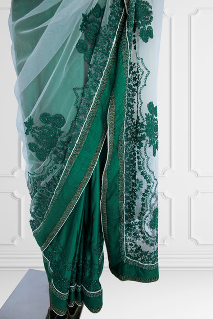 Green and White Saree Set