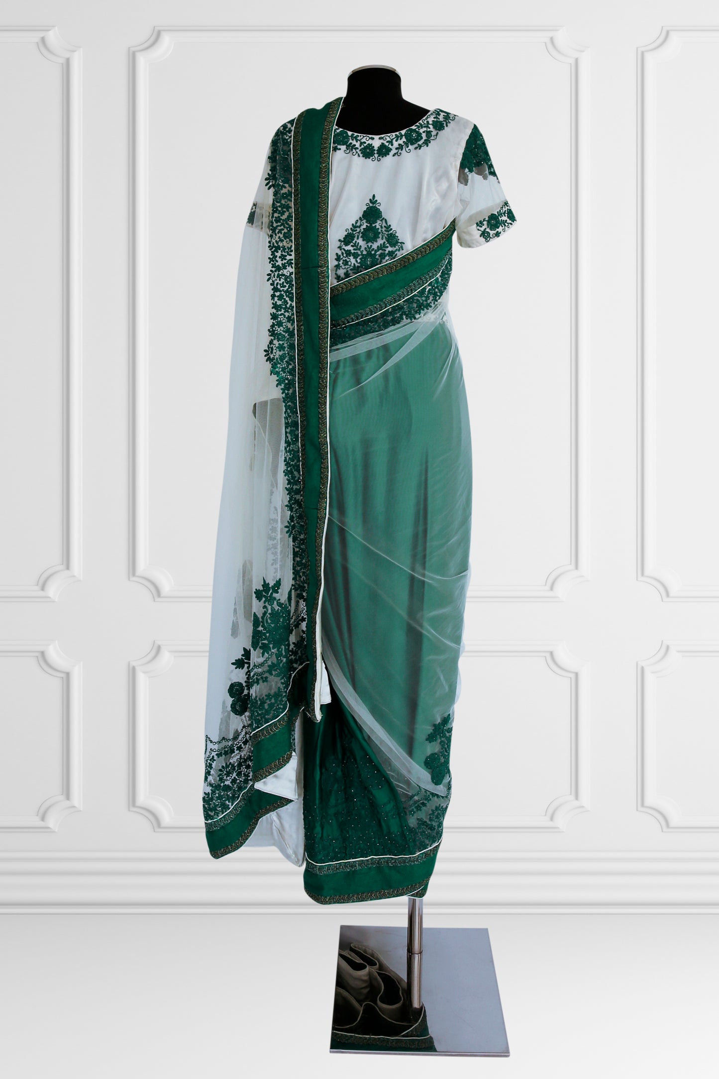 Green and White Saree Set