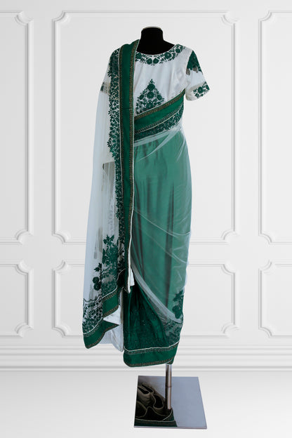 Green and White Saree Set