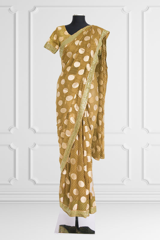 Olive Green with Beige Dots Saree Set