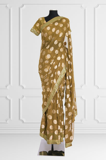 Olive Green with Beige Dots Saree Set