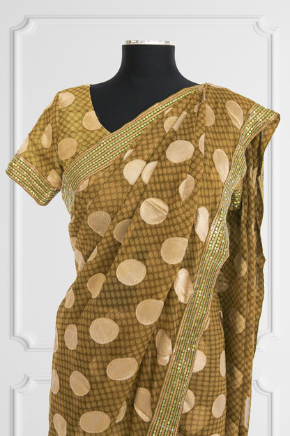 Olive Green with Beige Dots Saree Set