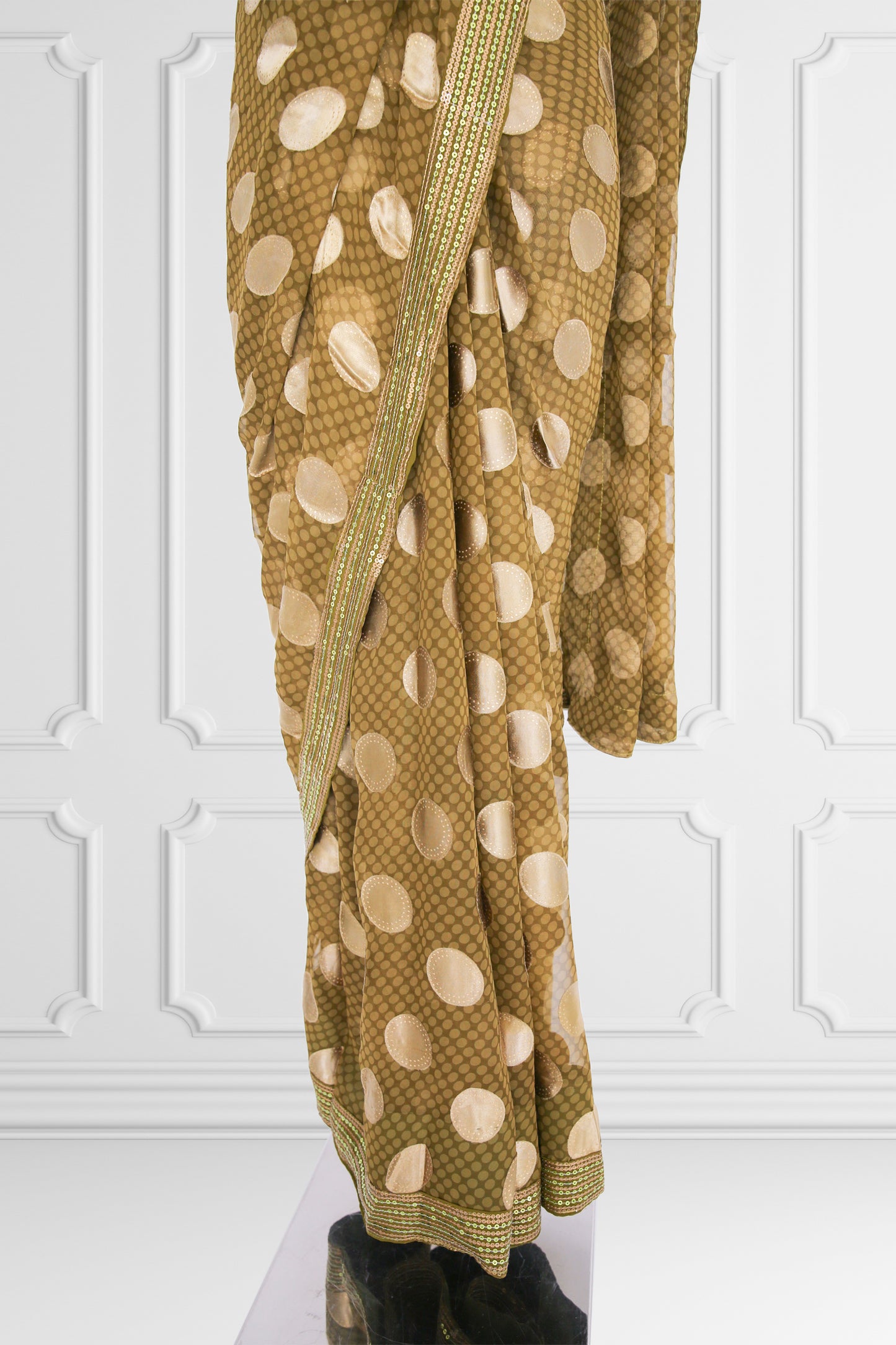 Olive Green with Beige Dots Saree Set