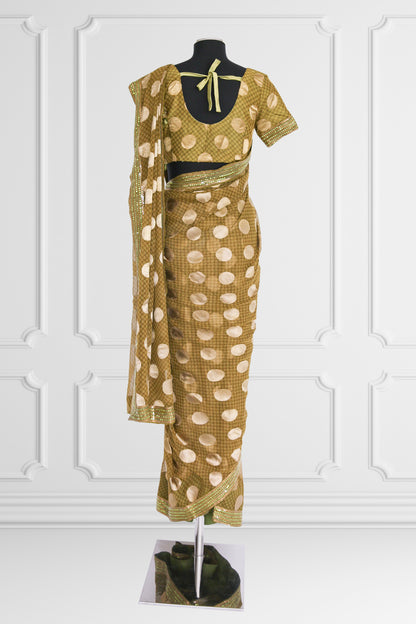 Olive Green with Beige Dots Saree Set