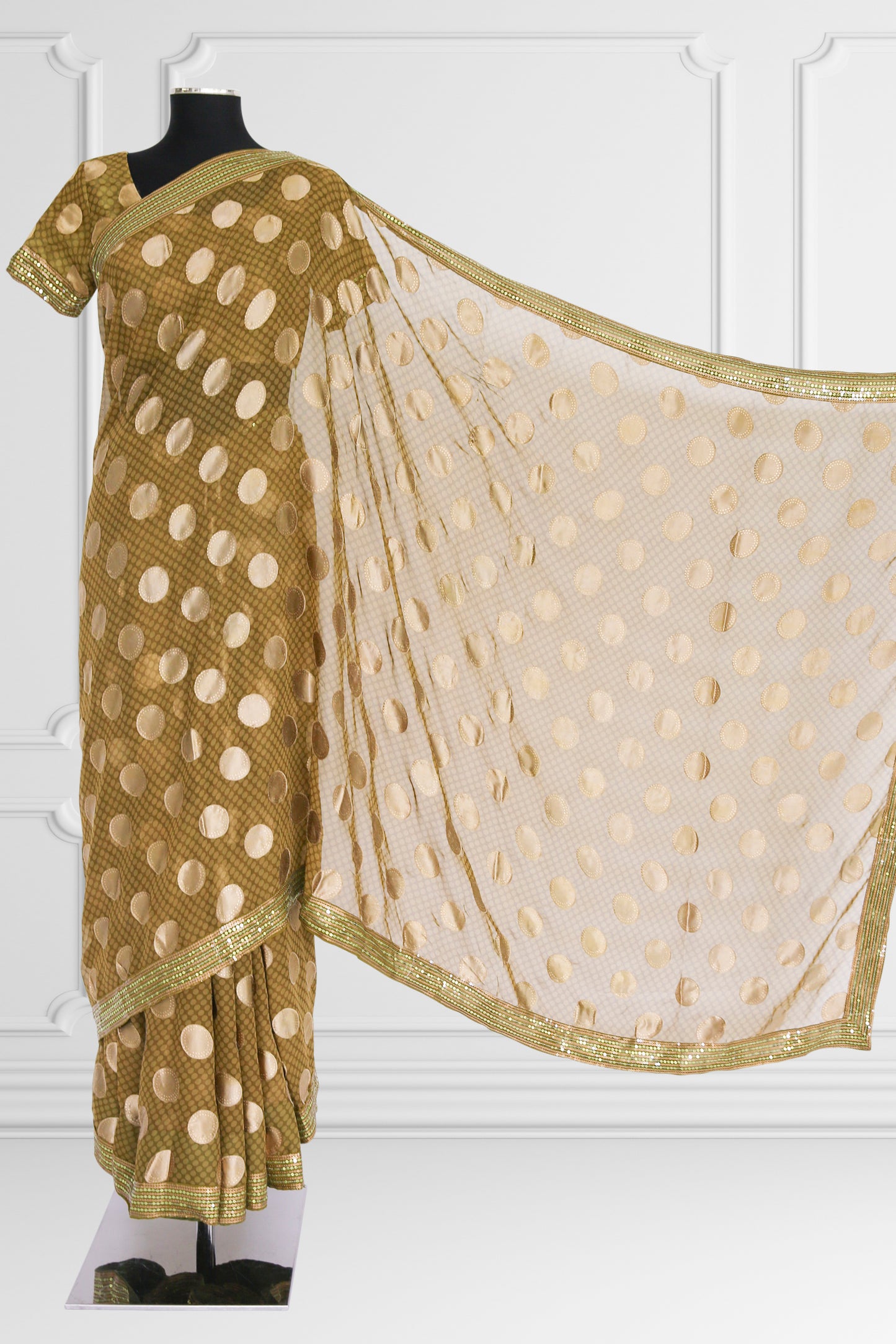 Olive Green with Beige Dots Saree Set