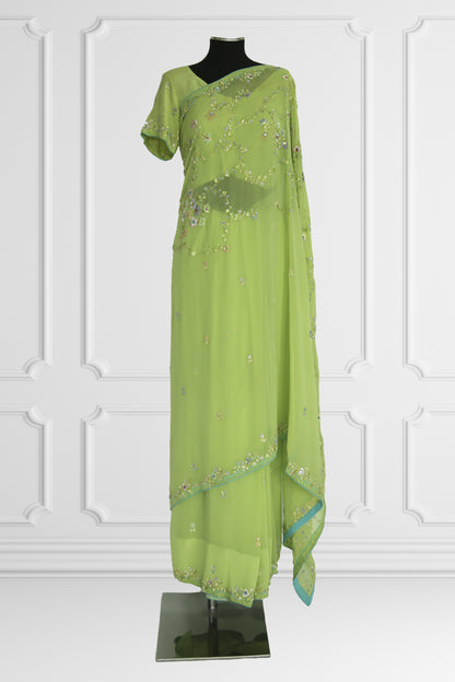 Green with delicate Floral Embroideries Saree Set