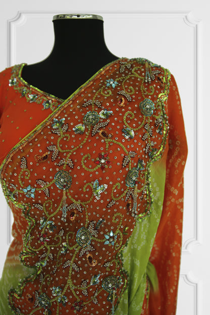 Bicolor Green and Orange Saree Set