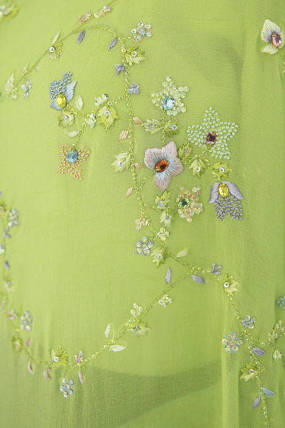 Green with delicate Floral Embroideries Saree Set