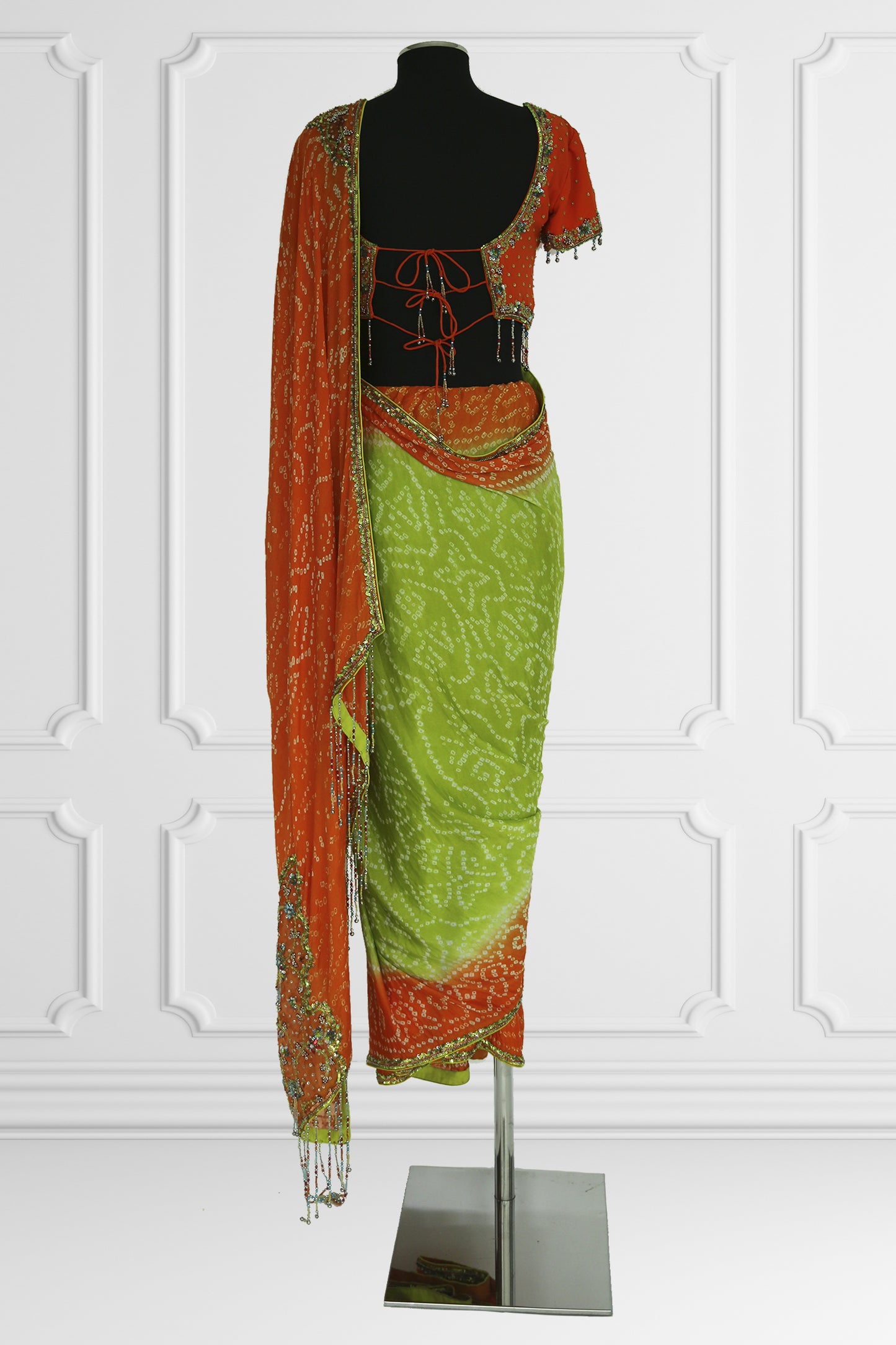 Bicolor Green and Orange Saree Set