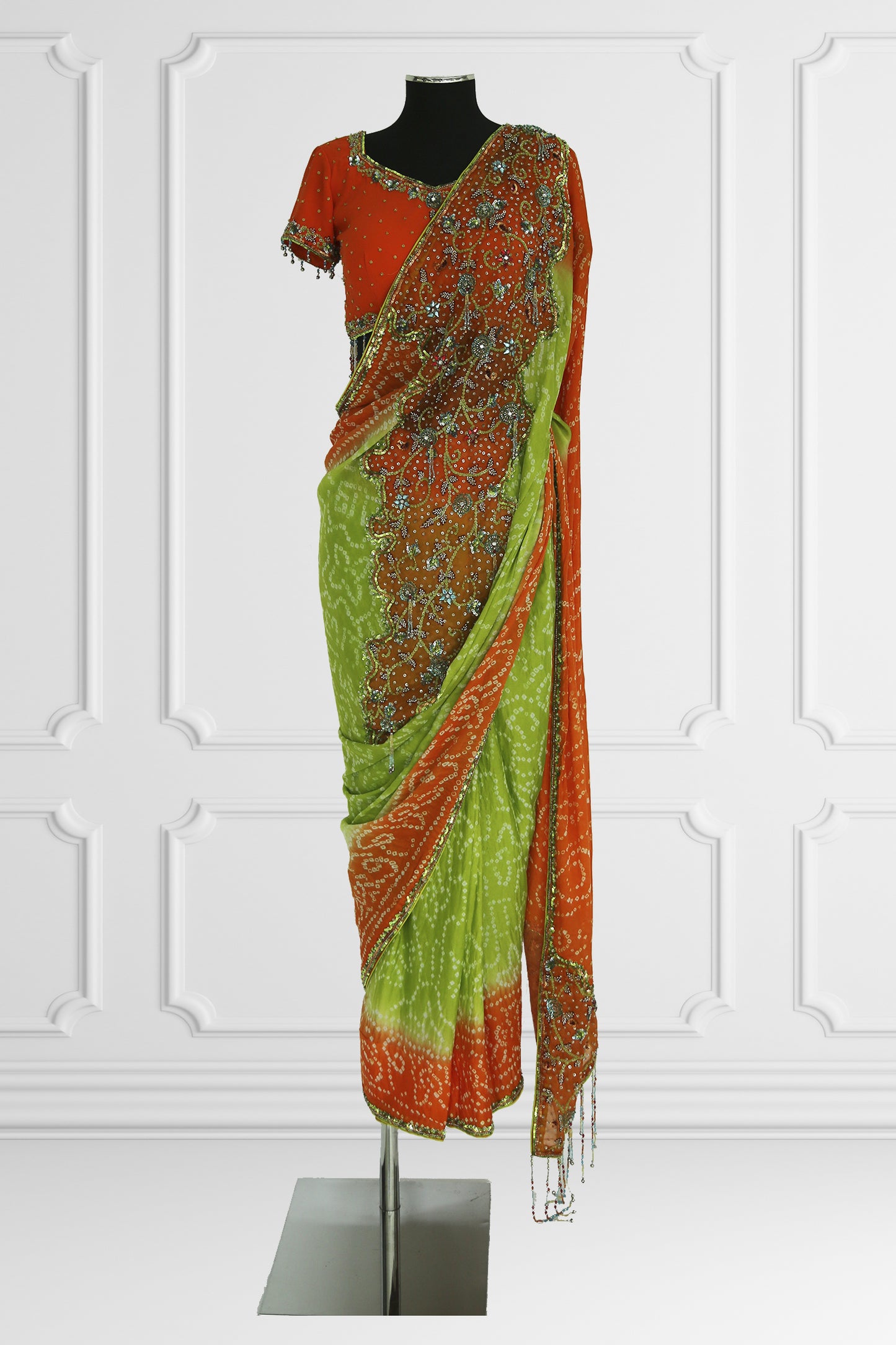 Bicolor Green and Orange Saree Set